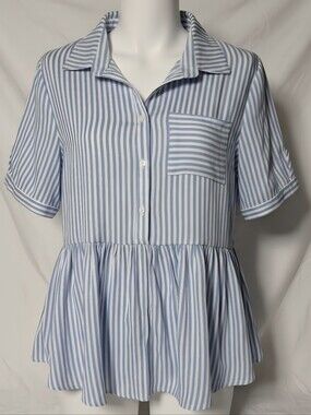Striped Button-Front Peplum Blouse - Blue & White